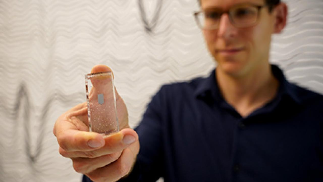 Sergey Stavisky holds a Neuropixels probe, which is used to record brain activity